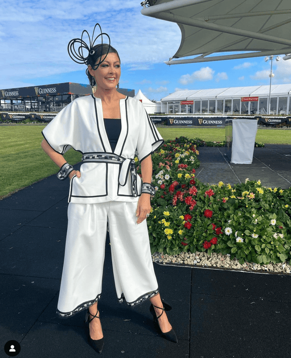 Galway Races Ladies Day Head Judge Mandy Maher wearing custom Mise Tusa