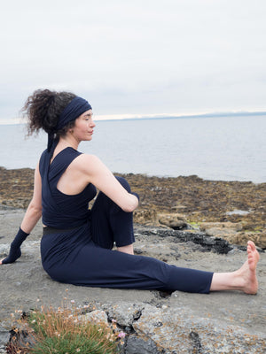 Bridget Geoghegan of Mise Tusa yoga on wild atlantic way wearing navy movement collection made from bamboo slow fashion irish design